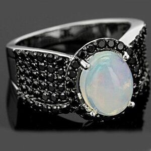Black Spinel & Ethiopian Opal Ring w/ 925 SS Rhodium – 3CTW Oval Fire Opal Sz 5